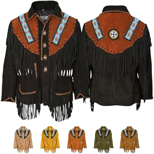 German Wear Herren Indianer Westernjacke Reiter Jacke Western-Lederjacke Tracht Jacke 50 Schwarz