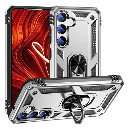 NALIA Panzerhülle für Samsung Galaxy S24 - Ring-Ständer 360° & Magnet-Halterung Kompatibel - RINGDEFEND (Stoßfestes Outdoor Case) - Marke aus Berlin, Farbe:Silber