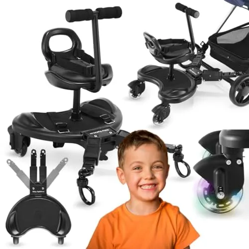 Moby-System Moby System Mitfahrbrett - universelles Mitfahrbrett mit Sitz und LED-Rädern, sicher und komfortabel für zwei Kinder unterwegs
