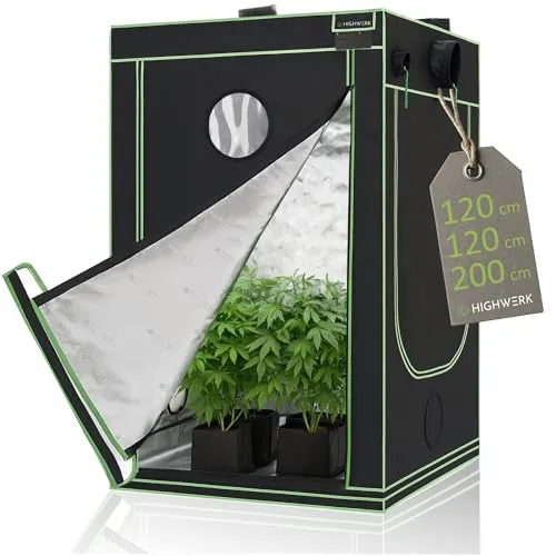 HIGHWERK Growzelt 120x120x200 cm – Indoor Zelt für Pflanzen - Das HIGHWERK Growzelt 120x120x200 cm bietet optimale Wachstumsbedingungen für Pflanzen und Kräuter. Mit lichtundurchlässigem Material und hoher Lichtreflexion fördert es effektives Wachstum. Einfacher Aufbau und herausnehmbarer Bodeneinsatz inklusive.