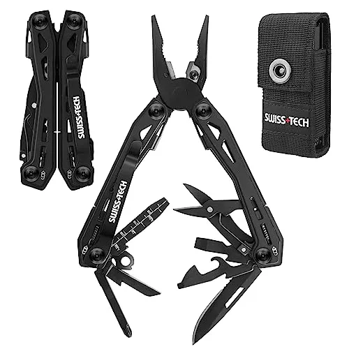 Swiss+Tech Multitool 16 in 1, Multifunktionszange Edelstahl Faltbares Multifunkstionswerkzeug Multifunktionale Zange mit Messer Flaschenöffner Gürtelclip für Camping Reparieren, mit Tragtasche