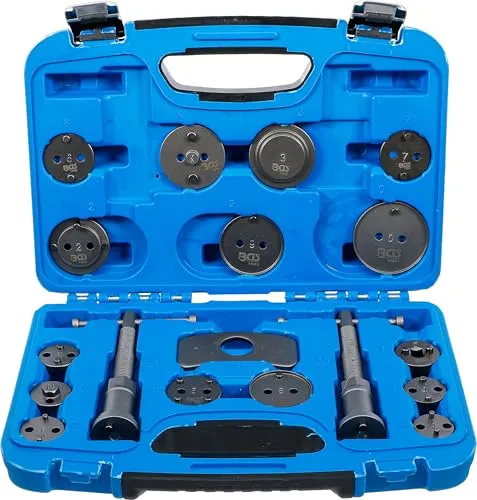 BGS 1119 Bremskolben-Rückstell-Satz 18-tlg. - Bremssattelwerkzeugset für manuelles Zurücksetzen der Bremskolben, passend für zahlreiche Fahrzeugmarken und Modelle – ideal für Werkstätten und Heimwerker.