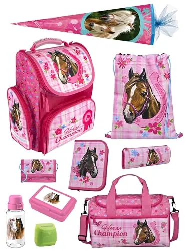 Familando Schulranzen 1. Klasse - Ergonomischer Tornister mit Pferdemotiv (Komplett Set) - Schultaschen-Set für Jungen und Mädchen, ergonomisch und leicht (nur 930g), inklusive Schultüte, ideal für die Einschulung.