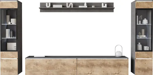 Mirjan24 Wohnwand Doppo II - Griffloses Design mit LED-Beleuchtung - Moderne Wohnwand Doppo II aus gehärtetem Glas, ideal für stilvolle Wohnzimmer. Mit grifflosen Öffnungen und optionaler LED-Beleuchtung für eine elegante Atmosphäre.
