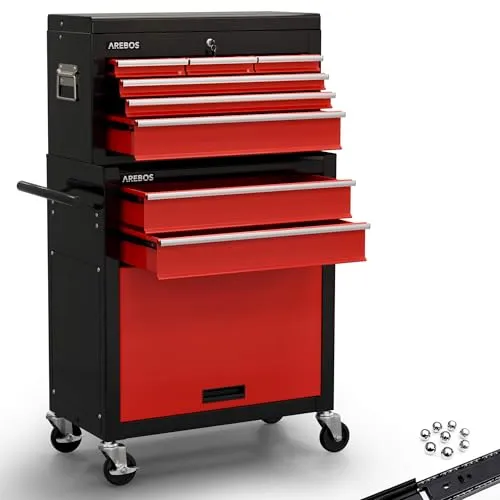 Arebos Werkstattwagen 9 Fächer mit Kofferaufsatz - Werkzeugschrank mit 9 Fächern, mobil und abschließbar – ideal für eine übersichtliche Werkstattorganisation und sicheren Transport Ihres Werkzeugs.