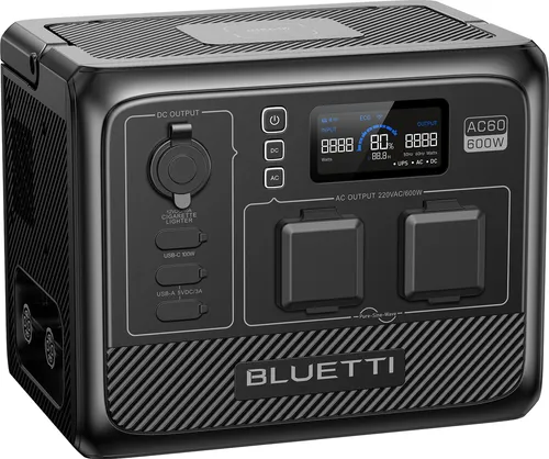 BLUETTI AC60 Tragbarer Solarspeicher - Powerstation mit 600W und 403Wh LiFePO4 Batterie, IP65-zertifiziert, ideal für Camping und Notstromversorgung - schnell aufgeladen in nur 1 Stunde!