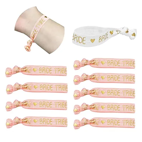JVAENOUSN JGA Armbänder Set für Frauen 11 Team Bride Junggesellenabschied Frauen Dekoration und Haargummi Accessoires Braut Hochzeit weiß + pink (1 x Bride + 10 x Team Bride)