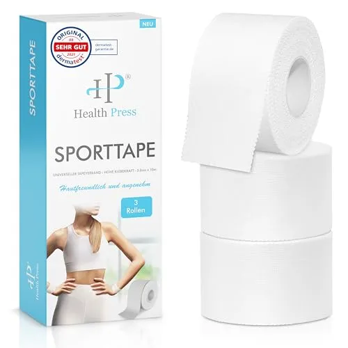 Health Press Sporttape - 3 Tape Rollen (3,8cm x 10m) - Sporttape weiß - reißbares Profi Sport Tape - Sport Tapeverband für alle Sportarten
