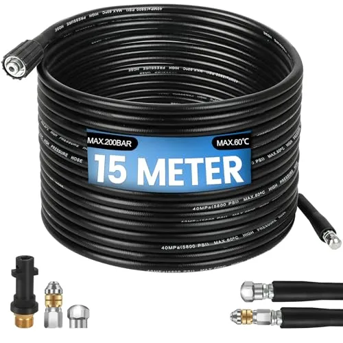 MUUKAIII Universal Rohrreinigungsschlauch Premium Set 15m,M22 Adapter,200 bar inkl,Rohrreinigungsschlauch Rohrreiniger Set mit Adapter und 2 Düsen,kompatibel mit Kärcher K2-K7 Hochdruckreiniger