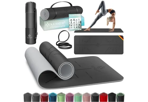 KESSER Yogamatte mit Tragegurt – Rutschfest und Gepolstert - Sportmatte aus hochwertigem TPE-Material, hypoallergen und gelenkschonend. Ideal für Yoga, Pilates und Fitness – inklusive Übungsposter und leicht zu transportieren.