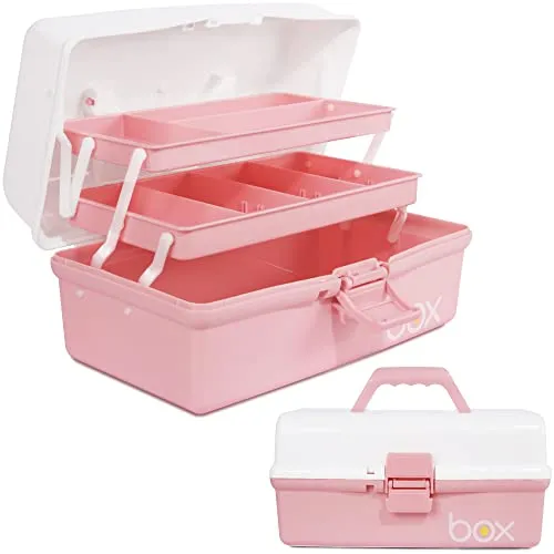 Creahaus 30,5cm 3-Regal Mehrzweck-Aufbewahrungsbox, Sortierbox, Organizer Box, Bastelbox, Nähkasten, Medizinkoffer mit 2 Regalen (Rosa Weiß)