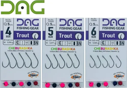 DAG Trout Hook barbless + Cheburashka Blei - 5 Forellenhaken, Größe:5