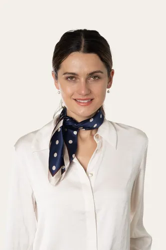 MayTree Seidentuch quadratisch, kleine Punkte 53x53 cm - Modisches Nickituch aus 100% Seide in elegantem dunkelblau-beige mit stilvollen Punkten, perfekt für jedes Outfit und Anlass. Pflegeleicht mit Handwäsche.