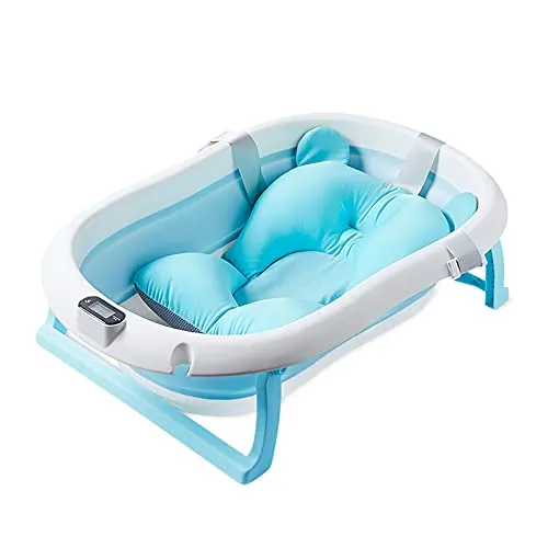 SONARIN Faltbare Baby Badewanne mit Echtzeit-Temperaturmessung,Tragbare Anti Rutsch Badewanne für Babys,Baby-Duschwanne mit Sicherheitsbadesitz Ablassschraube für Neugeborene,Kleinkinder(Blau)