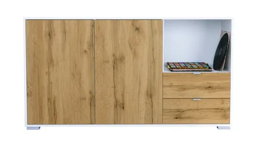 Vladon Sideboard Milano (Kommode mit 2 Türen Eiche Evoke, 2 Schubladen Eiche Evoke, Made in Germany), Korpus Weiß matt (152,5 x 83 x 37 cm)