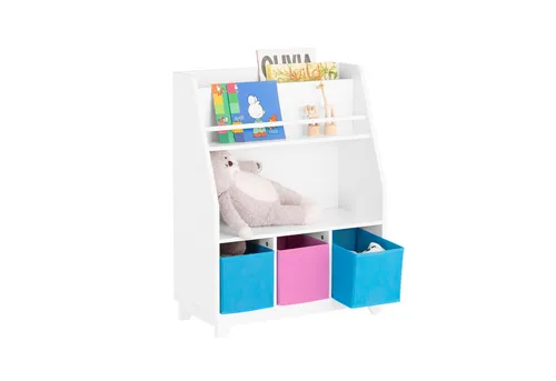 SoBuy Kinder Bücherregal mit Boxen - Praktisches Kinderzimmerregal mit 1 großen Fach, 2 Bücherfächern und 3 Aufbewahrungsboxen. Ideal für eine ordentliche Spielzeugorganisation und fördert selbstständiges Aufräumen.