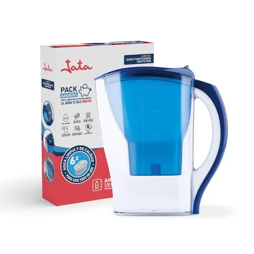 Jata Hogar HJAR1001 Wasserfilterkaraffe 2,5 Liter inkl. 6 Ionen-Kartuschen, reduziert Kalk, Chlor und Kupferrückstände, aromatisches und reines Wasser