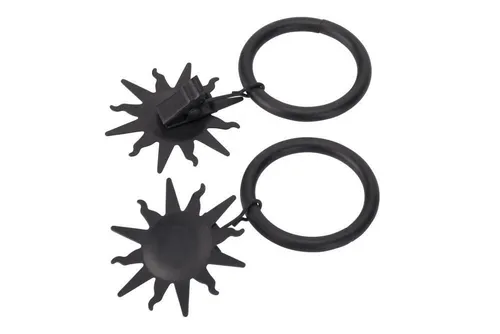 Gardinenringe / Vorhangringe mit Dekoklammer SONNE, schwarz matt, Set 10 Stück