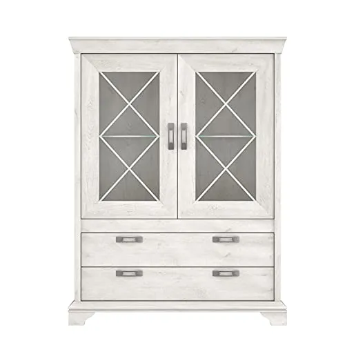 FORTE Kashmir Vitrine mit 2 Glastüren und 2 Schubladen - Glasvitrine mit viel Stauraum, inklusive Beleuchtung und eleganten Metallgriffen im alten Silber, ideal für stilvolle Präsentation und Aufbewahrung.