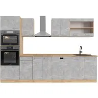 Vicco Küchenzeile R-Line, Beton/Goldkraft Eiche, 300 cm - Küchenzeilen mit vielseitigen Gestaltungsmöglichkeiten und höhenverstellbaren Füßen für Stabilität auf unebenen Böden. Perfekt für jede Küchengröße und modernes Ambiente.