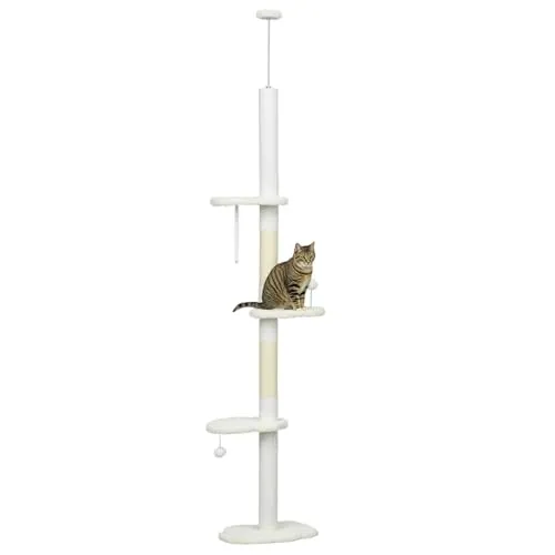 PawHut Kratzbaum deckenhoch Höhe 225-255 cm Katzenbaum mit Plüschball, Sisalstämme, Plattformen mehrstöckiger Katzenkratzbaum Kletterbaum für Katzen unter 5 kg, Weiß