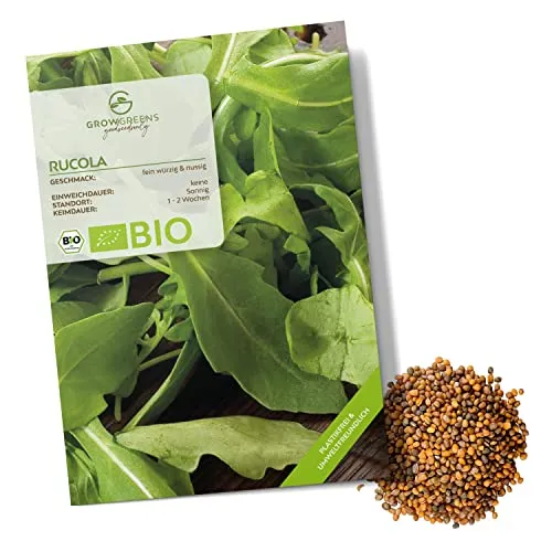 BIO Rucola Samen (Eruca sativa, 500 Korn) - Rauke Saatgut aus biologischem Anbau ideal für die Anzucht im Garten, Balkon oder Terrasse