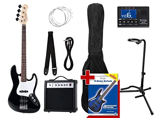 Rocktile Groover's Pack JB E-Bass Black Set II - E-Bass Set mit komplettem Zubehör: inkl. Stimmgerät, Ständer und 15 Watt Verstärker. Ideal für Einsteiger mit Jazzbass Design und umfassender Bass-Schule.