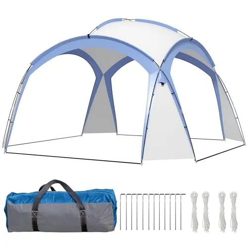 Outsunny Event Shelter 3,5 x 3,5m Pavillon mit Haken Tür, Regenschutz mit Stabilen Stahlstangen, Gartenpavillon mit UV- Schutz, Partyzelt Sonnenschutz für Camping, Garten Festivals Hellblau