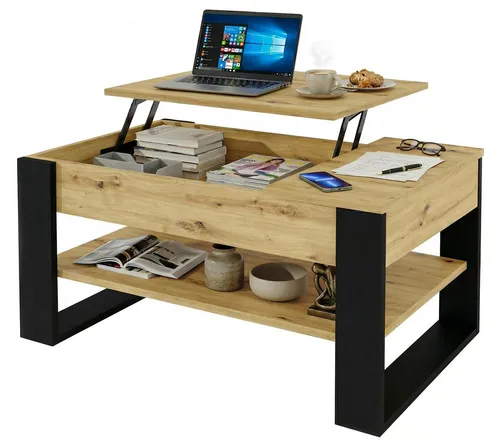 möbelkap Couchtisch mit Liftfunktion und Stauraum | Höhenverstellbarer Sofatisch in Eiche Artisan/Schwarz