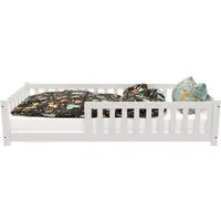 Juskys Kinderbett Naya 90x200 cm - Stilvolles Bodenbett mit Matratze, Rausfallschutz und Lattenrost aus stabilem Kiefernholz. Ideal für Kinder von 3-10 Jahren, fördert die Entwicklung und sorgt für erholsamen Schlaf.