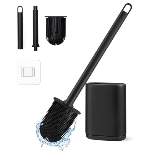 Silikon Toilettenbürste mit flexiblen Borsten, WC Bürste mit schnell trocknendem Halter Set für Badezimmer, Schwarz
