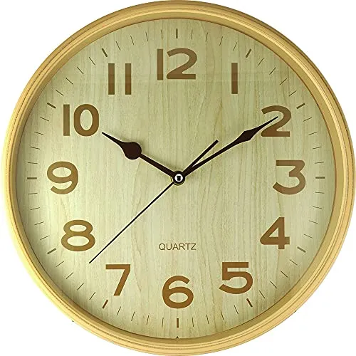 MPM Quality Holz-Imitation Wanduhr aus Kunststoff, Helles Braun, Quarz - Schrittmotor, Ø 302 x 40 mm, Wand-Deko für Wohnzimmer, Schlafzimmer, Büro
