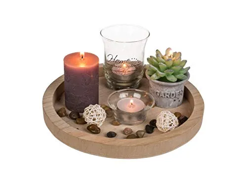 mucplants Naturfarbener Deko-Teelichthalter rund ca. 23cm mit 2 Glas-Teelichthaltern, 2 Teelichter, 2 Kerzen & Dekosteine