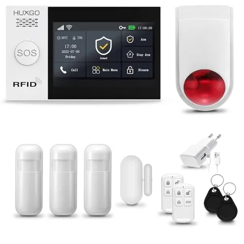 HUXGO® HXA007 Alarmanlage Haus WiFi + GSM mit Funk Sirene | Tuya Smartlife App | Alarm System mit Fenstersensor, 3X Bewegungssensor | Alarmanlage Wohnung, Garage | Smart Home Security