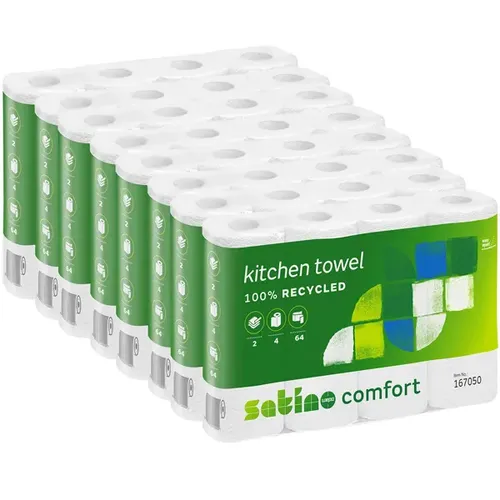 Wepa Satino Comfort Küchenrollen 2-lagig - Küchenrollen aus 100% Recycling-Papier mit hoher Saugfähigkeit, 32 Rollen mit je 64 Blättern, ideal für umweltbewusste Haushalte.