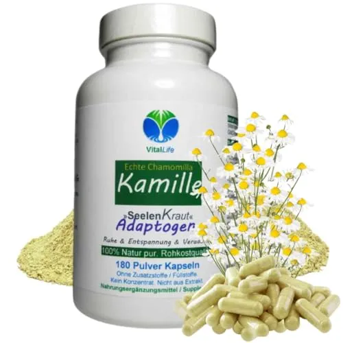 Echte KAMILLE Kamillenblüten 180 Kapseln - Natürliches Magen & Darm Adaptogen - Pflanzliches Ergänzungsmittel Kamille für ganzheitliche Gesundheit, unterstützt Magen und Darm, fördert Entspannung ohne Zusatzstoffe – 100% Natur pur!