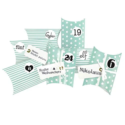 Frau WUNDERVoll® DIY Adventskalender zum Befüllen Christkind: Set 191, Kissenschachteln 15x11x4,5cm Tuerkis Sterne und Streifen, Ziffern schwarz-weiß