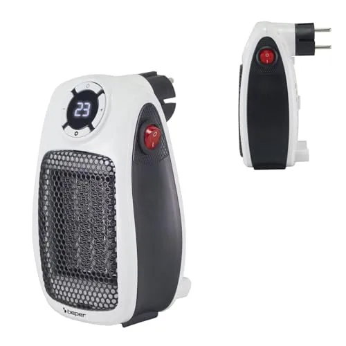BEPER P203TER350 Mini-Keramik-Heizlüfter, platzsparender Mini-Elektroheizer 500 W/1000 W, LED-Display, 24-Stunden-Timer, Thermostat, 90° drehbarer Stecker, sichere automatische Abschaltung