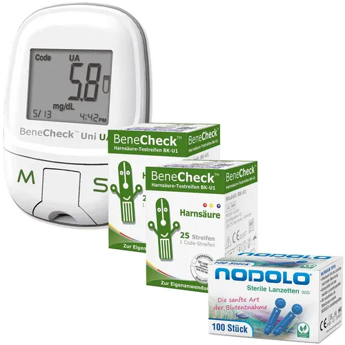 BeneCheck Harnsäure-Messgerät Premium - Harnsäuremessgerät komplettset mit 60 Teststreifen und 110 Lanzetten. Ideal zur Gicht-Behandlung, mit großem Display und 180 Speicherplätzen.