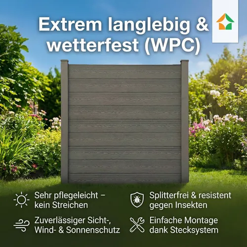 GreenYard WPC Sichtschutzzaun CORTEZA 5x Zaunelement + 6x Pfosten - 8,9m
