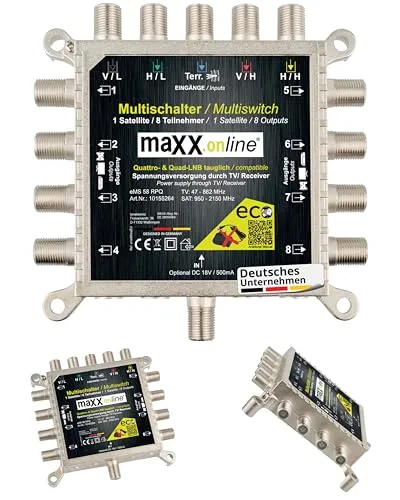 maxx.onLine Multischalter 8 Teilnehmer, 1 Satellit, Quad- & Quattro LNB tauglich, kein Netzteil notwendig, Sat Multischalter, Multiswitch