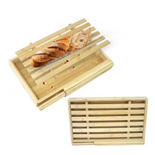Hausleben Brotschneidebrett aus Bambus mit Messer – 33,5×21,5×3,5 cm | Krümelfach & Schneidgitter | Nachhaltiges Holzbrett zum Schneiden von Brot, Brötchen & Baguette | Inkl. Edelstahl-Brotmesser