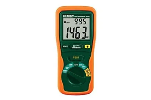 Extech Digitales Isolationsprüfgerät 380260 - Multimeter mit Auto-Range Funktion, misst Isolationswiderstände bis zu 2000MΩ und bietet Hintergrundbeleuchtung für klare Ablesbarkeit.