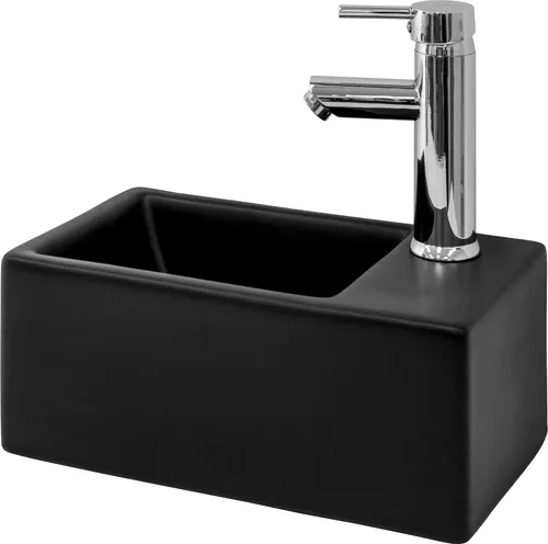 LuxeBath Aufsatzwaschbecken aus Keramik - Eckiges Handwaschbecken in elegantem Schwarz, ideal für Badezimmer oder Gäste-WC, Maße: 35,5x20,5x12,5 cm, hochwertige Verarbeitung aus Keramik.