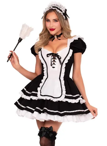 Leg Avenue Maid to Flirt Kostüm - Schickes Dienstmädchen-Kleid mit Rüschen, Spitzenmieder und gestuftem Rock. Inkl. abnehmbarer Schleife und Haarband für einen verführerischen Look. Ideal für Karneval und Mottopartys.