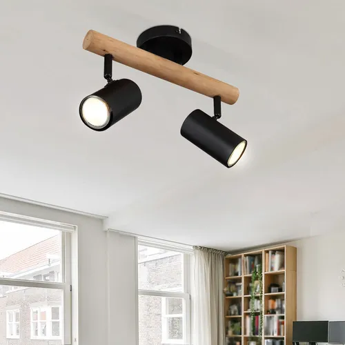 Deckenlampe Holz Metall schwarz, 2-flammiger Deckenstrahler mit beweglichen Spots - Moderne Deckenleuchte aus Holz und Metall, ideal für Wohnzimmer und Esszimmer. Bewegliche GU10 Spots ermöglichen individuelle Lichtgestaltung bei maximal 5 Watt Leistung.