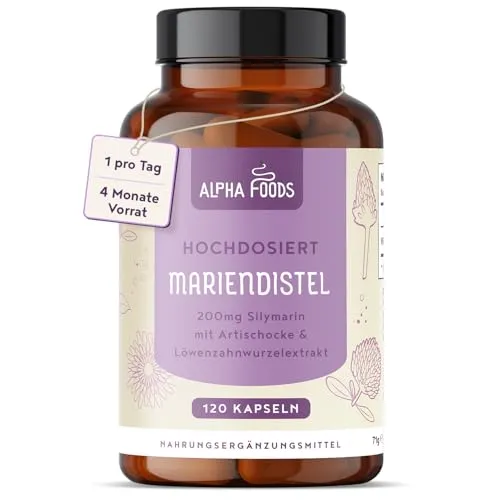Mariendistel Kapseln hochdosiert | Mariendistel Artischocke & Löwenzahn Komplex | 120 vegane Kapseln | Hochdosiert mit 80% Silymarin | Vorrat für 4 Monate | in Deutschland produziert | Alpha Foods