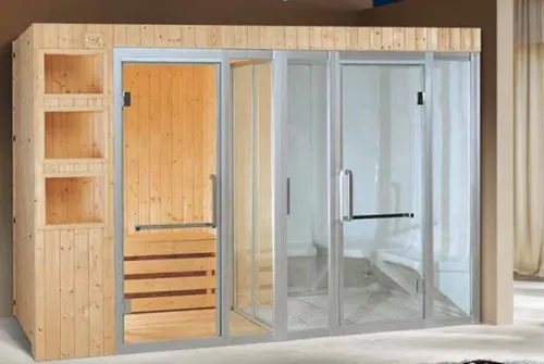 Sauna 2-in-1 Wellnesskabine mit Duschfunktion 300x150 cm - Multifunktionale Trockensauna für drinnen und draußen, aus hochwertigem Massivholz. Ausgestattet mit LED-Display, Bluetooth und MP3-Wiedergabe für ein individuelles Wellness-Erlebnis.
