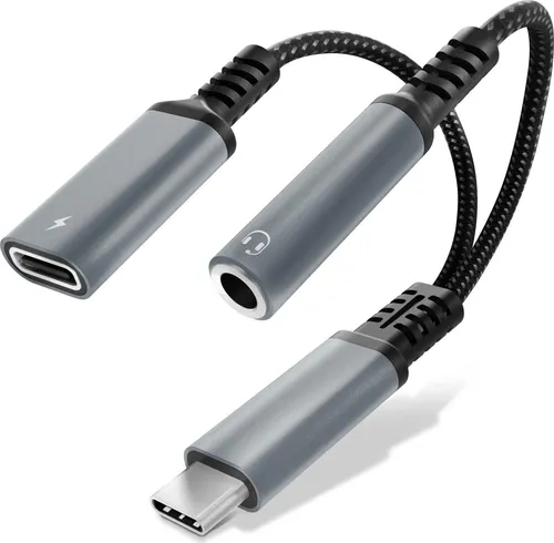 CELLONIC 2-in-1 Adapter USB-C Klinke, 3,5 mm Aux-Splitter Audio und Ladeanschluss mit 60 W Power Delivery, USB-C Schnellladekabel Kompatibel mit iPhone, Samsung, Telefon, Headset, Kopfhörer - Silber
