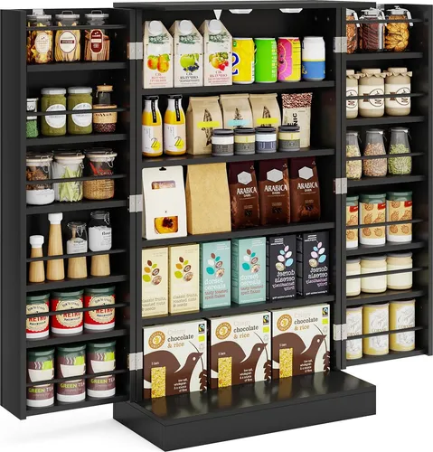 GOPLUS Multifunktionaler Küchenschrank mit 2 Türen und 17 Einlegeböden - Praktischer Küchenschrank mit 5 verstellbaren Regalen und 12 Türregalen. Robuste Konstruktion für bis zu 115 kg, ideal für platzsparende Aufbewahrung in Küche und Wohnzimmer.